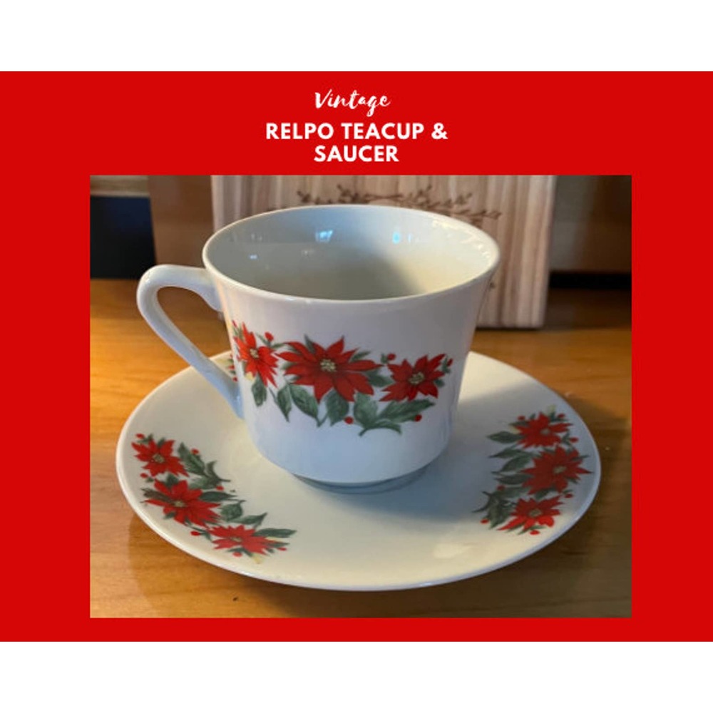 Vintage Relpo Porcelain Poinsettia Tea Cup and Saucer No. 6747 Red White Green